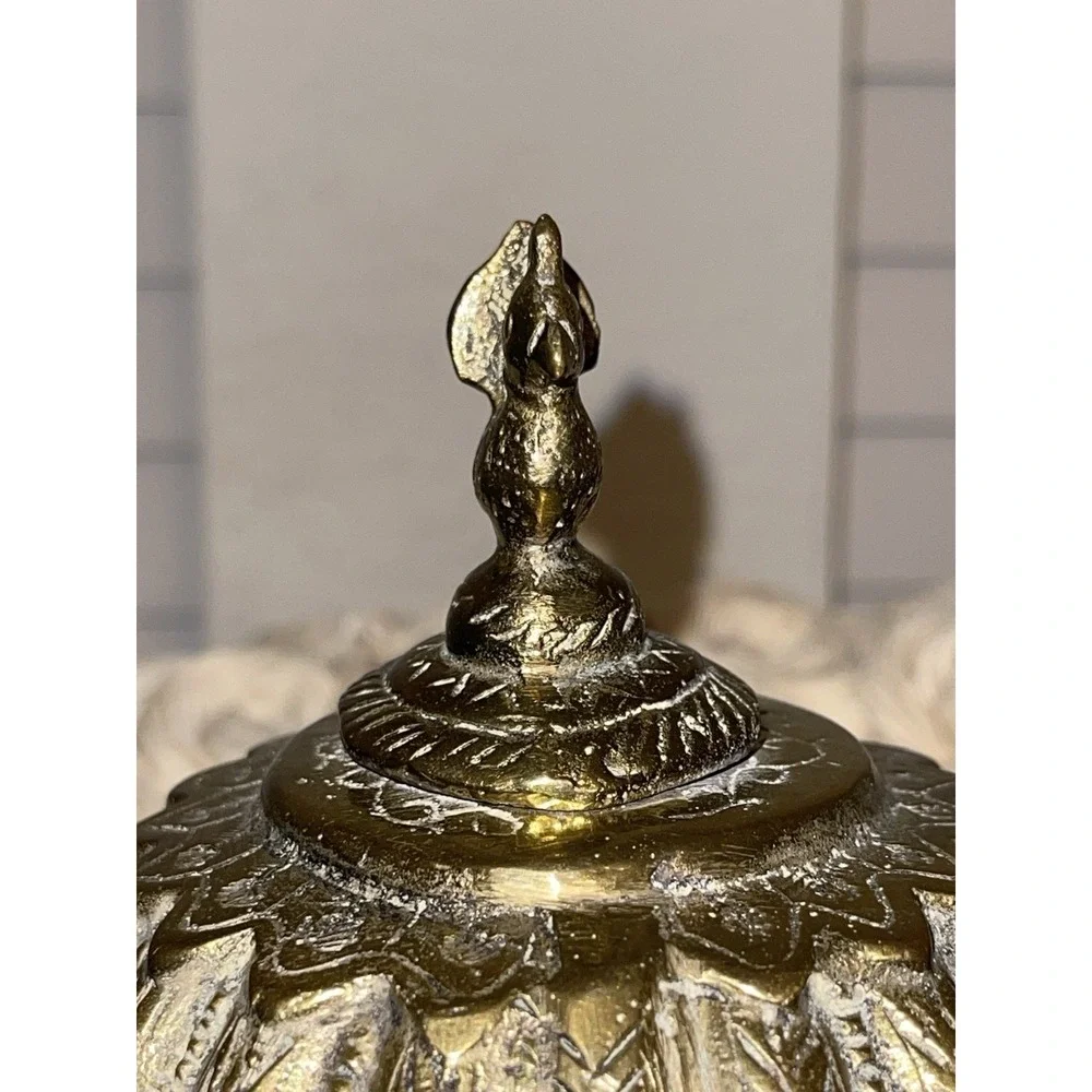 Antique Indian Cast Bronze Mughal‎ Footed Ink Well w/ Peacock Lid & Fluted Sides